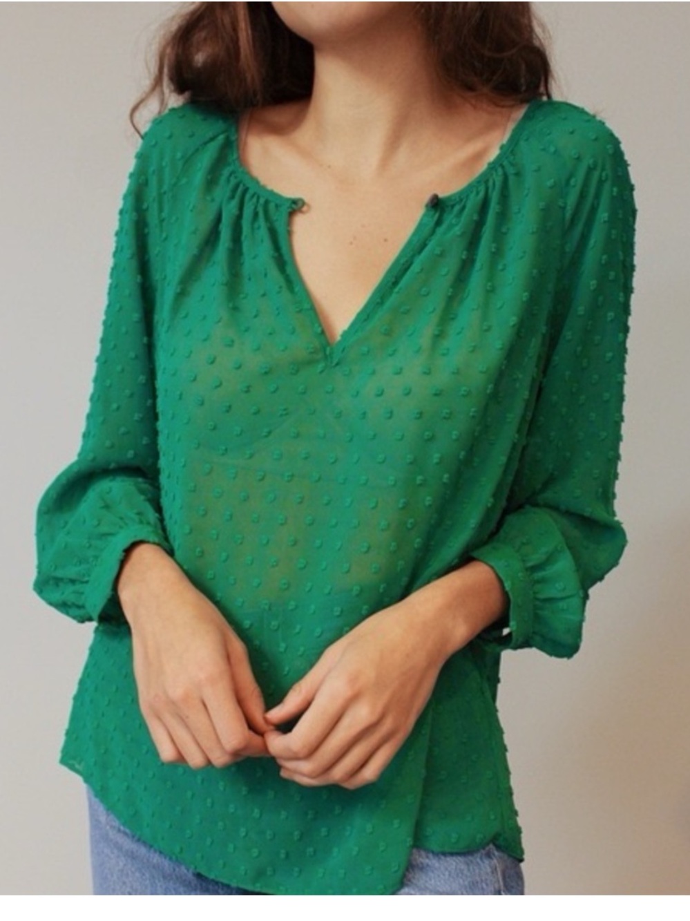 J. Crew Emerald Green Silk Swiss Dot Peasant Blouse